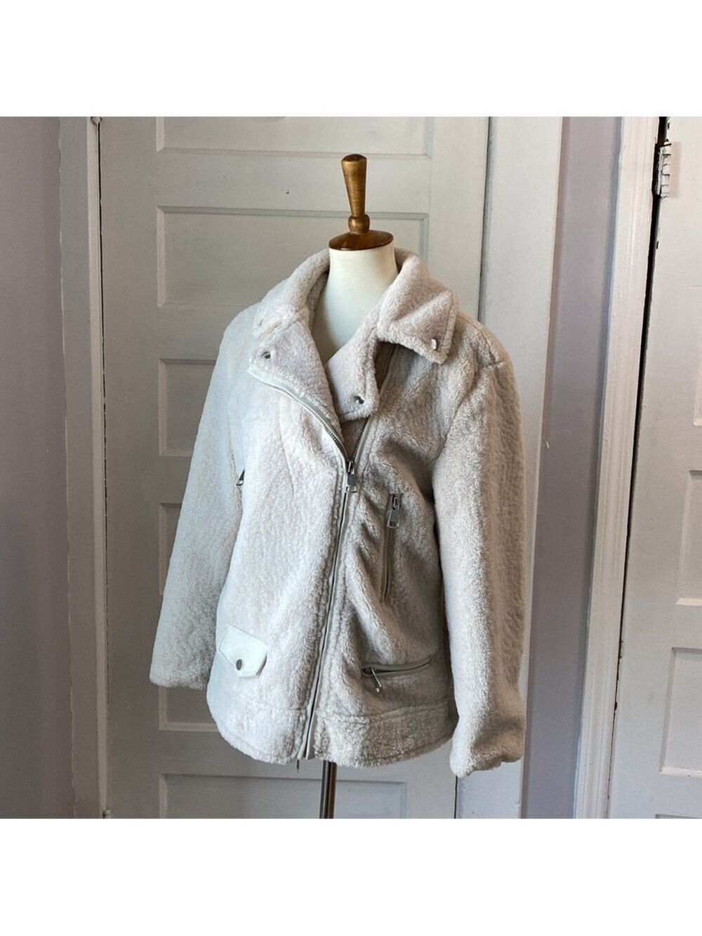 Mango Ivory Faux Shearling Biker Jacket, Size S - Picture 8 of 17